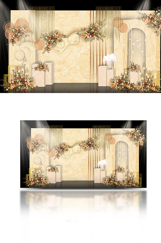 原创香槟色红色婚礼迎宾区简约几何效果图-众图网