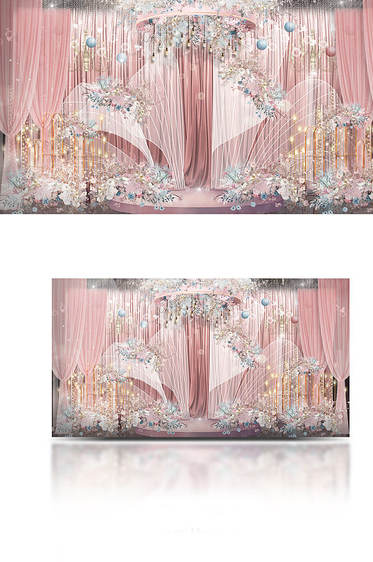 原创粉蓝色婚礼效果图迎宾区翅膀花瓣布幔-众图网