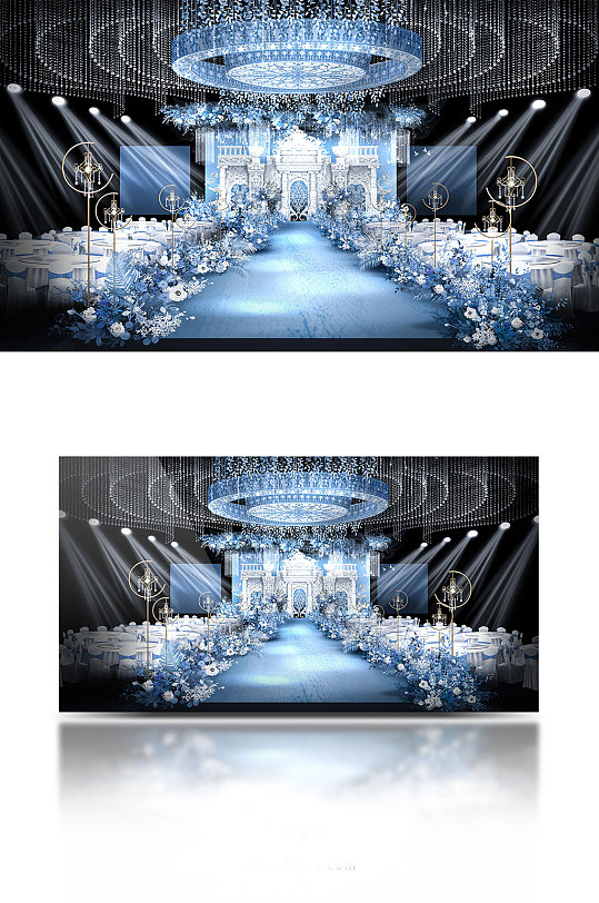 雾霾蓝色欧式城堡泡雕水晶吊顶婚礼效果图