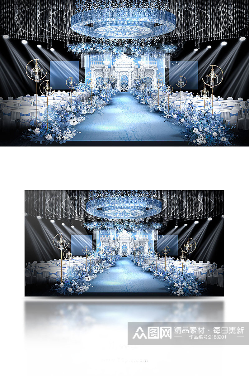 雾霾蓝色欧式城堡泡雕水晶吊顶婚礼效果图素材