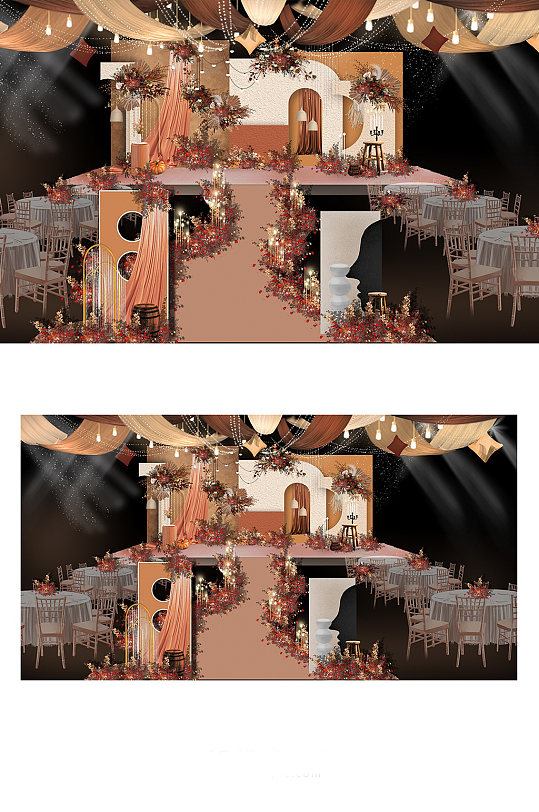 复古秋色系焦糖色红布幔吊顶婚礼效果图-众图网