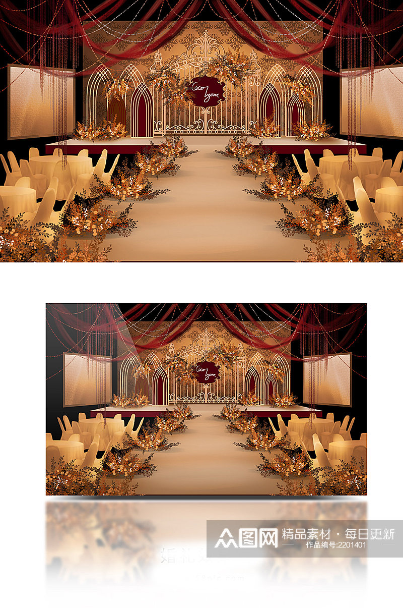 复古欧式巴洛克红金色系宫廷风婚礼效果图素材