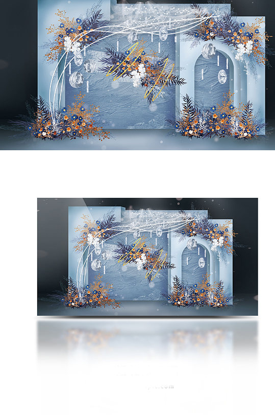 蓝橙色留影区婚礼效果图