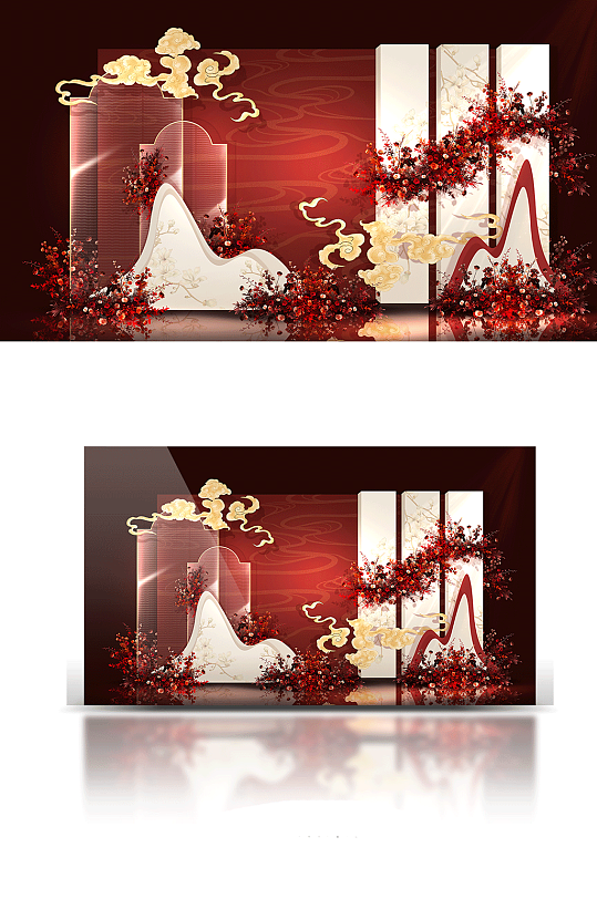 紅色香檳新中式祥云婚禮迎賓區(qū)布置