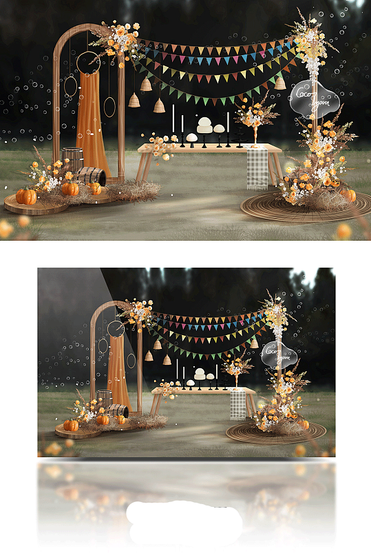 莫兰迪橙色秋色系田园风户外小众婚礼效果图-众图网