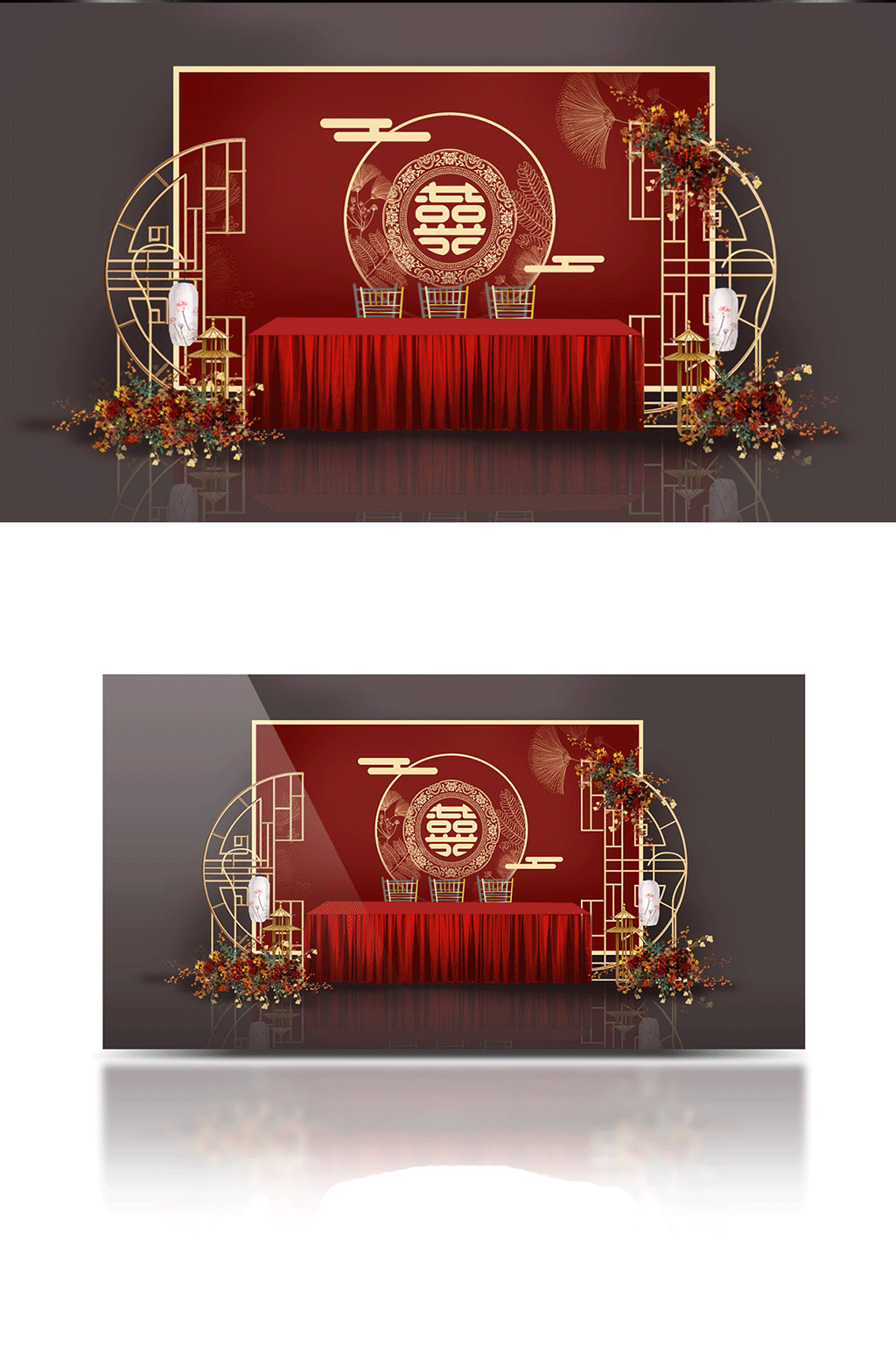 中国风新中式红色喜庆大气婚礼签到区效果图素材