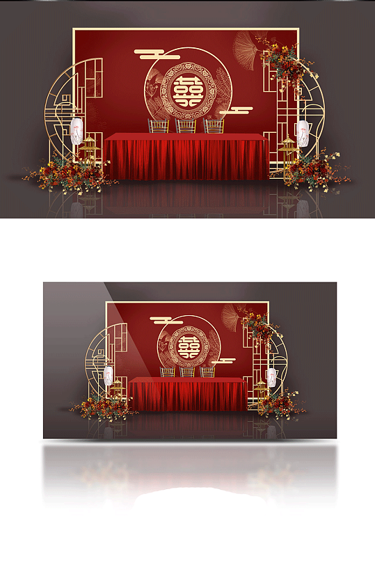 中国风新中式红色喜庆大气婚礼签到区效果图