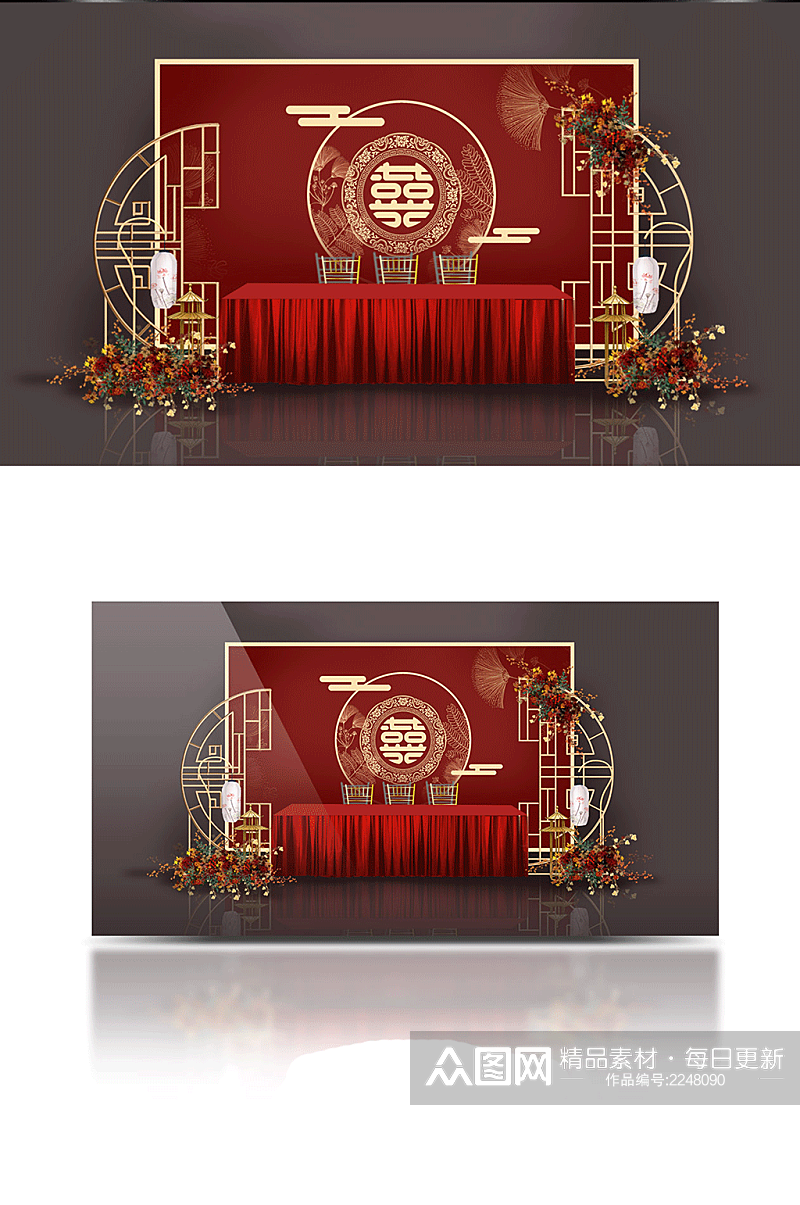 中国风新中式红色喜庆大气婚礼签到区效果图素材