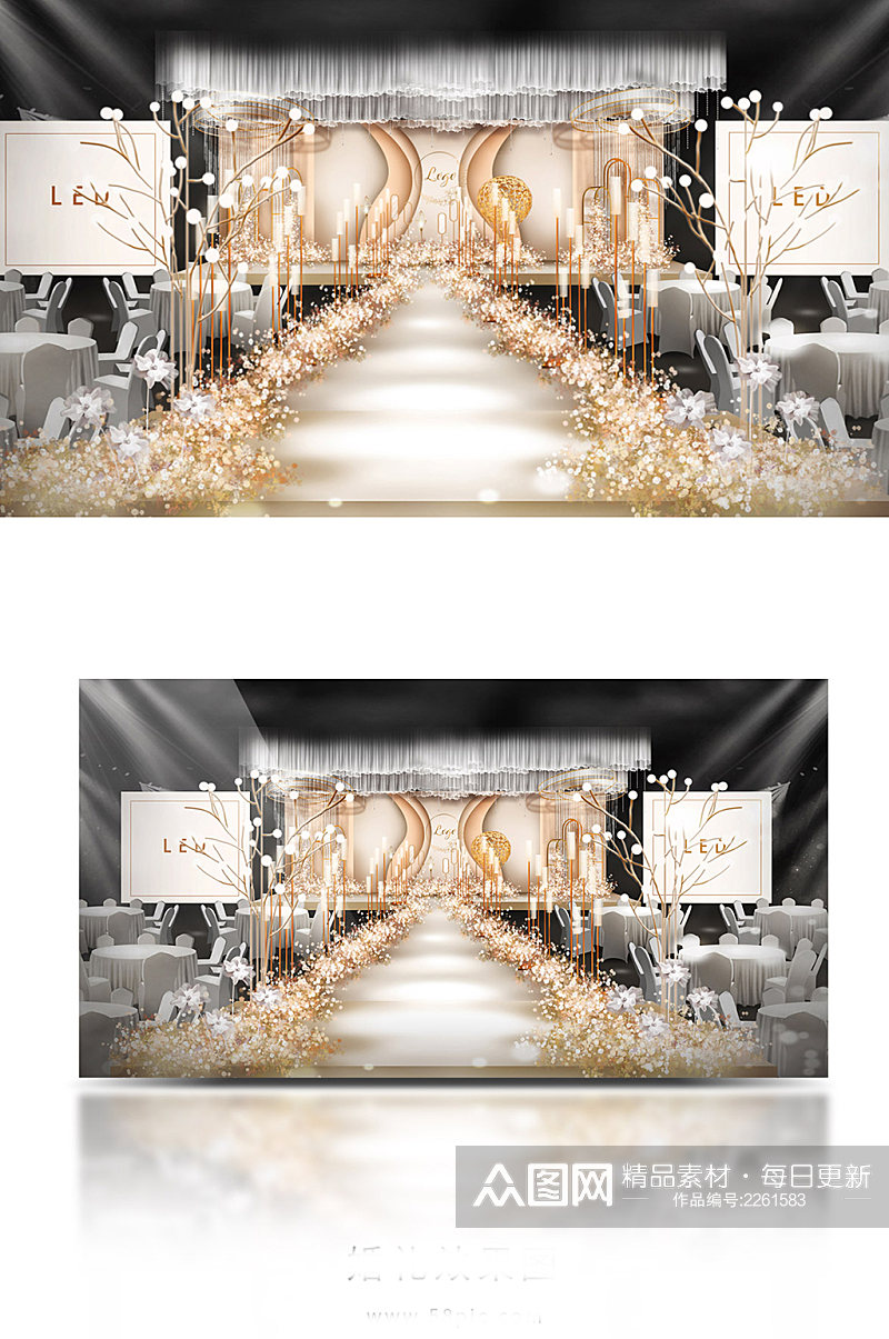 香槟色经典高雅金色婚礼主背景展示效果图素材
