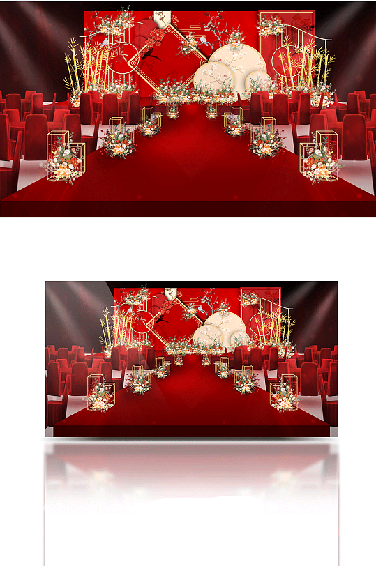 红色大气中式婚礼舞台背景