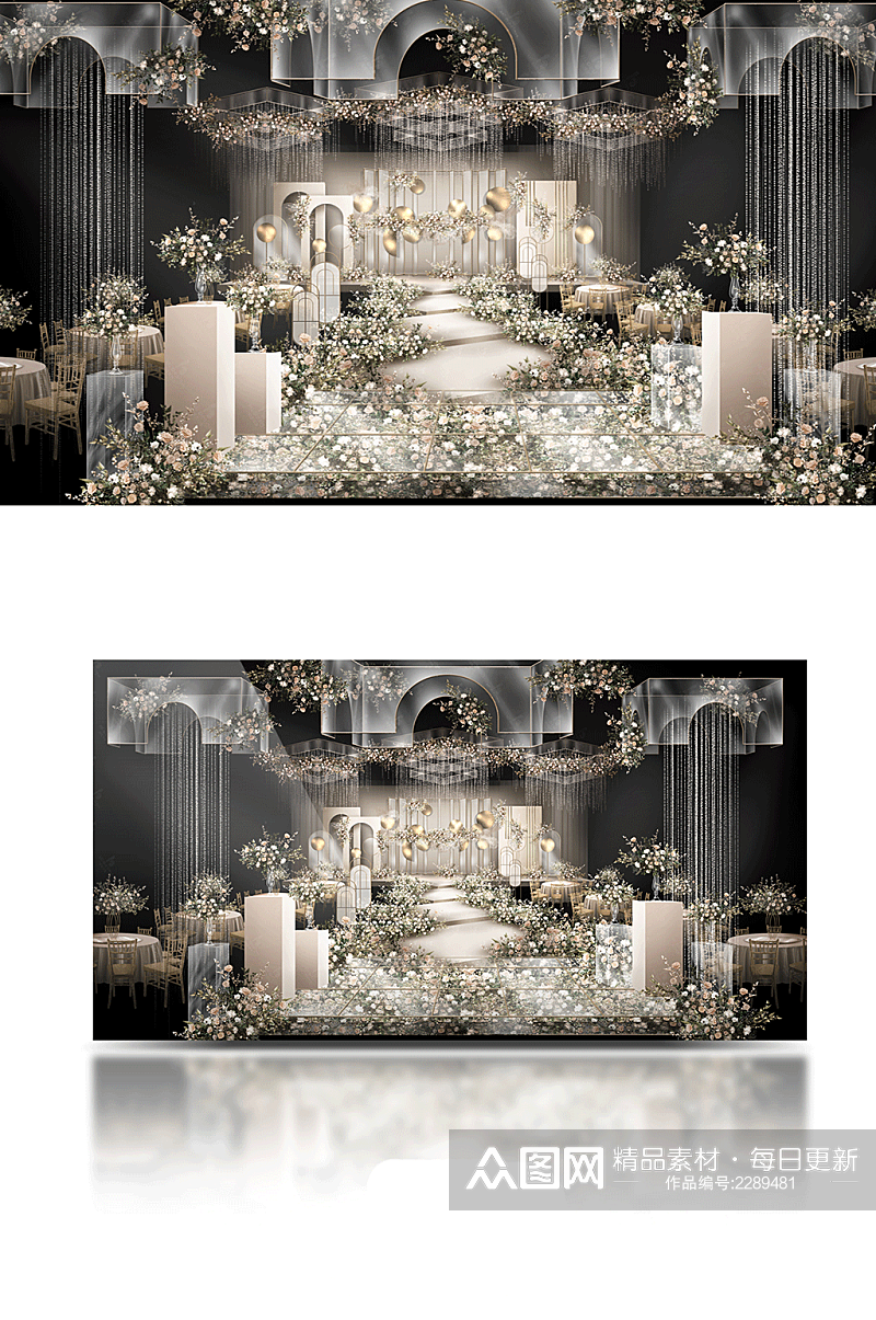 原创水晶婚礼香槟色舞台仪式区效果图亚克力素材