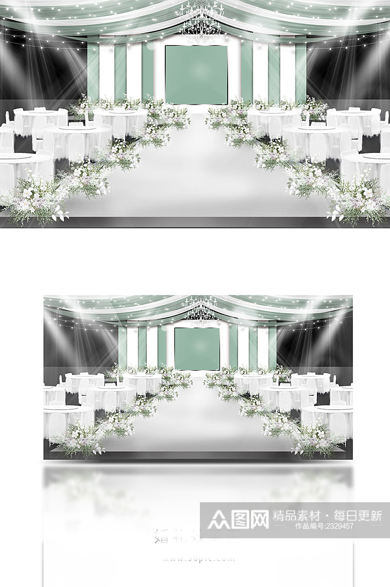 韩式白绿现代简约主题婚礼效果图素材