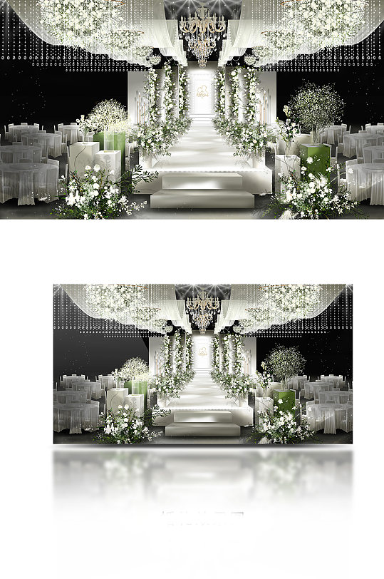轻奢韩式白绿色婚礼仪式区效果图-众图网
