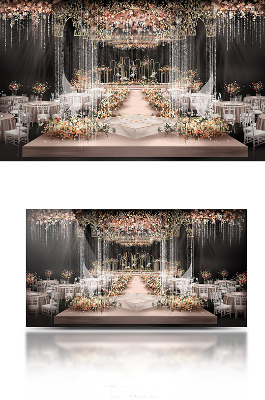 原创粉色香槟色婚礼舞台效果图吊顶玻璃舞台-众图网