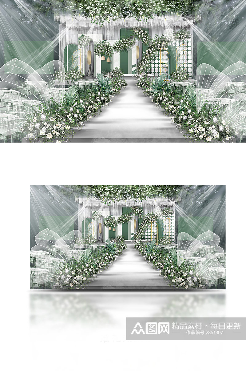 原创白绿婚礼效果图舞台区吊顶翅膀花瓣素材