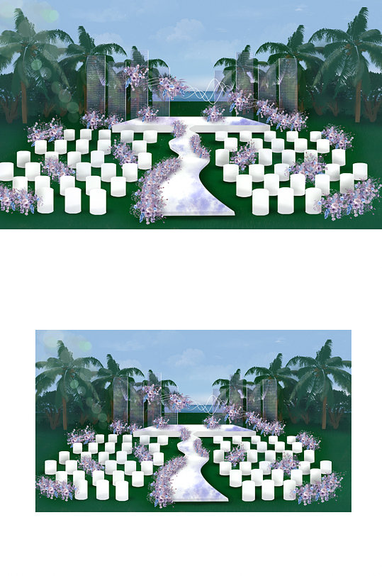 海边蓝紫色户外草坪婚礼效果图