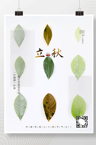 绿色树叶简洁大方二十四节气立秋海报展板