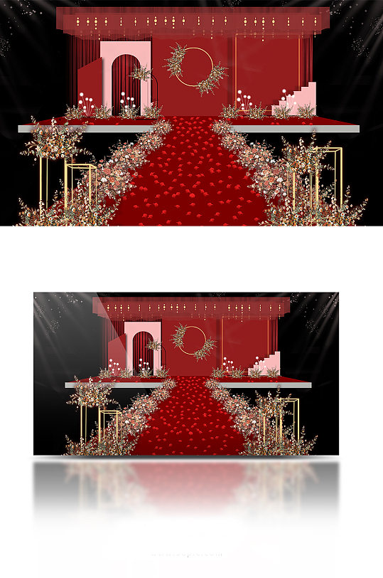 红色吊顶红粉撞色苹果灯婚礼效果图-众图网