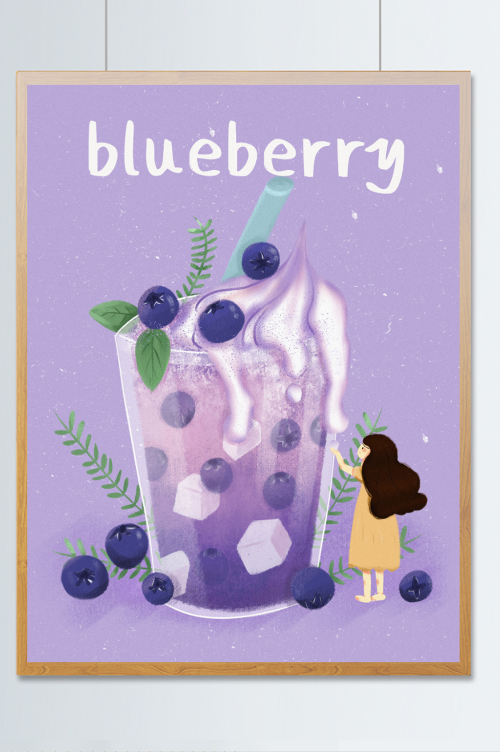蓝莓饮料冰沙奶油奶茶插画女孩饮品紫色食物