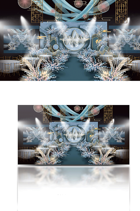 蓝粉新中式婚礼效果图-众图网