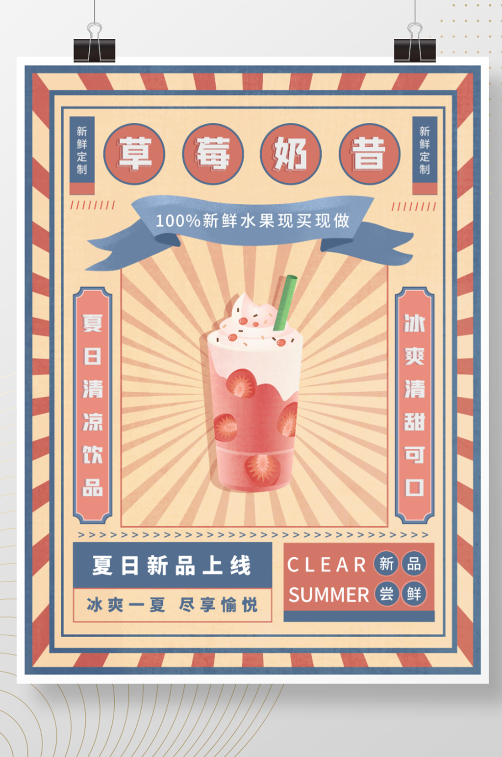 复古风夏日新品尝鲜水果茶奶昔奶茶饮品海报素材