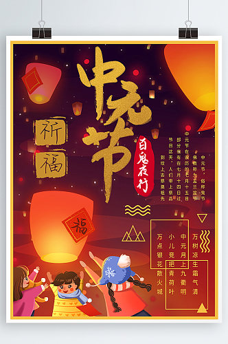 卡通中国风孔明灯中元节祈福海报