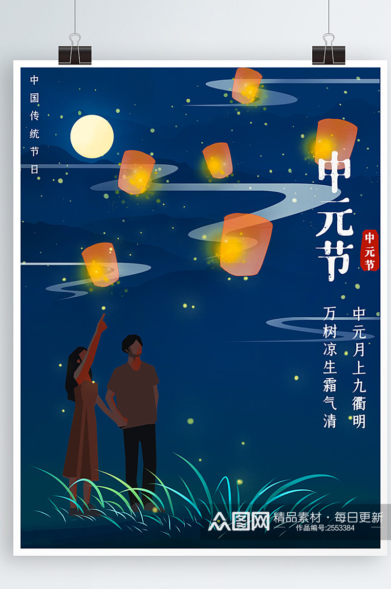 星空孔明灯传统节日中元节海报素材