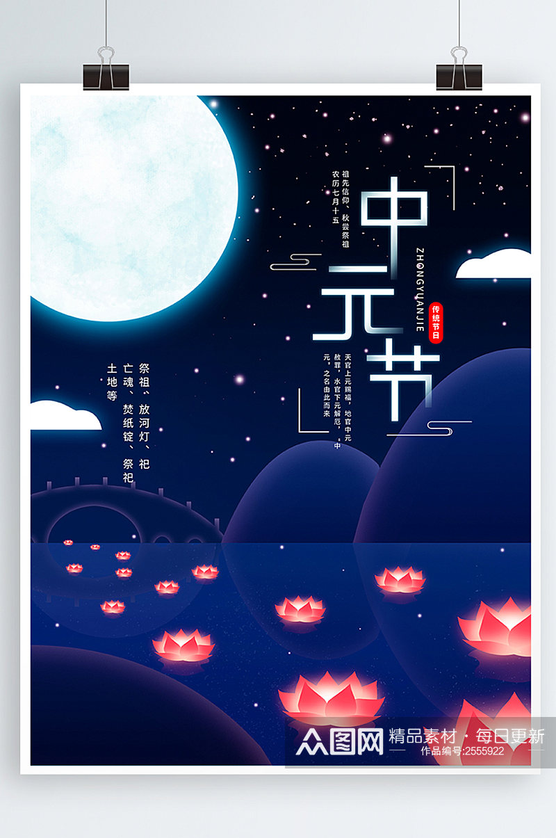 中元节祭祀先祖放河灯习俗简约宣传海报素材