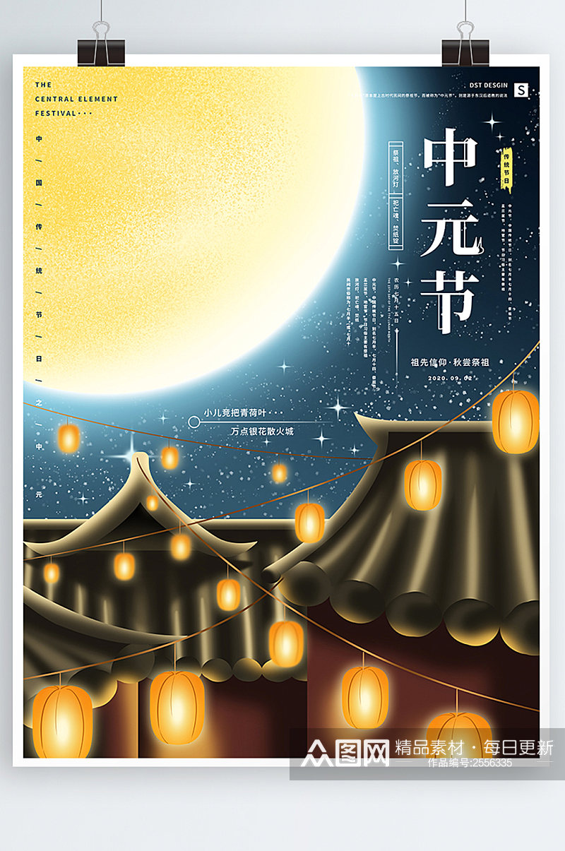 原创手绘中元节祭祀先祖习俗海报素材