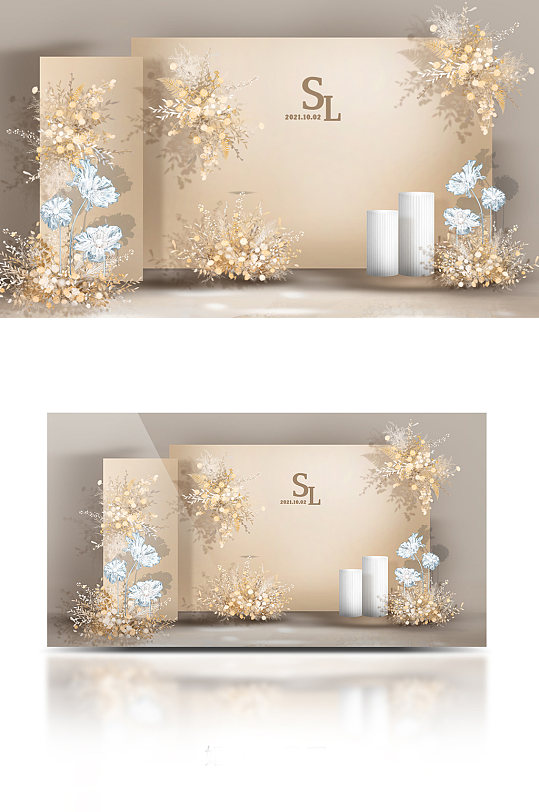 迎宾区背景效果图布幔原创复古香槟色婚礼迎宾区效果图咖啡色婚礼迎宾