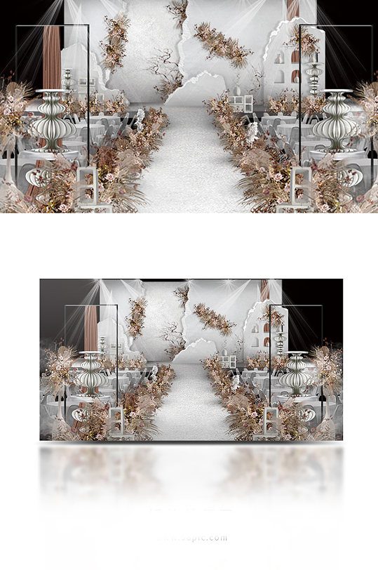 原创莫兰迪焦糖色婚礼效果图舞台吊顶侘寂风-众图网