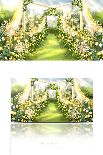 黄绿白户外小众质感婚礼效果图