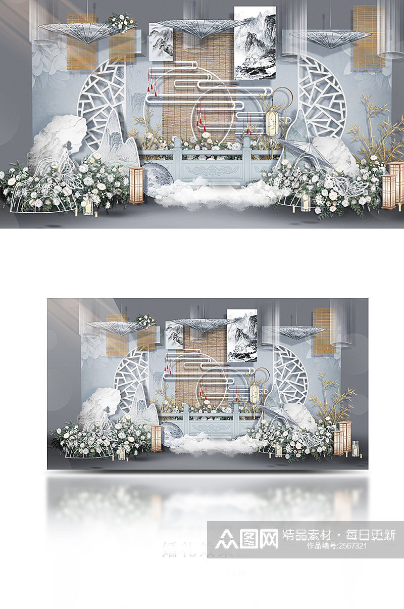 原创水墨蓝色江南风中式婚礼背景迎宾区吊顶素材