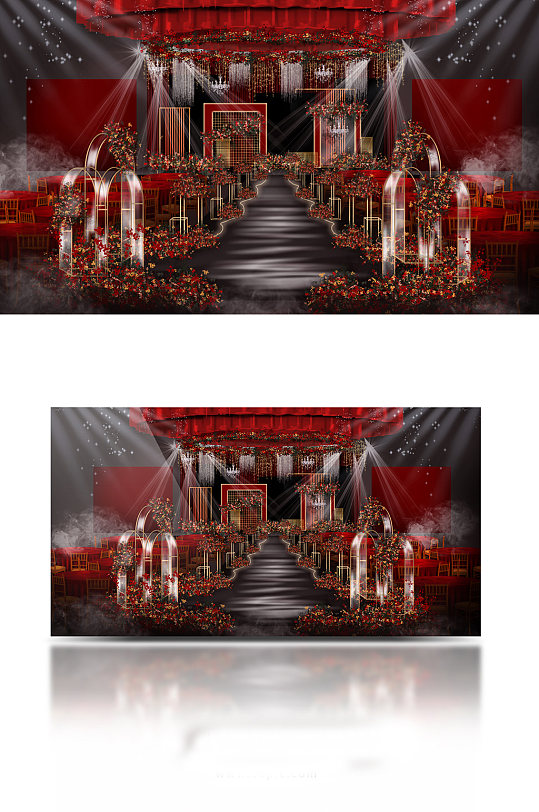 原创红黑金婚礼舞台区效果图吊顶阳光板T台-众图网
