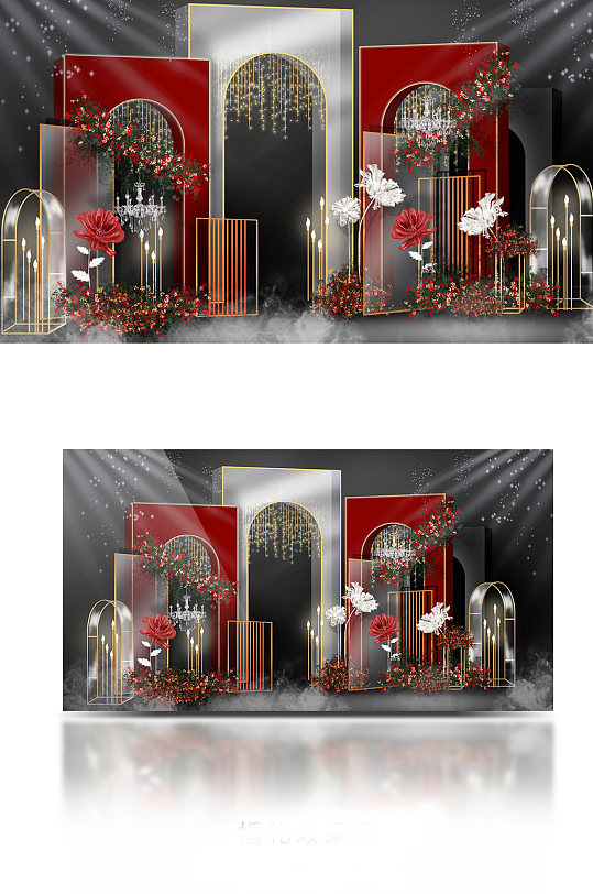 原创红黑金婚礼迎宾区效果图阳光板门造型-众图网