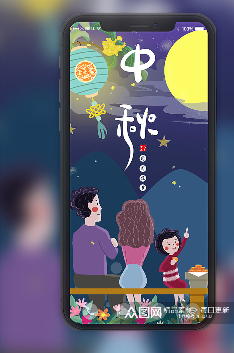 中秋佳节家庭赏月手机配图海报素材