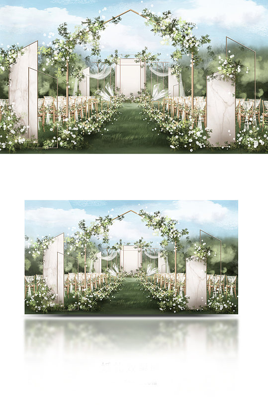 原创绿色户外婚礼舞台仪式区效果图简约清新-众图网