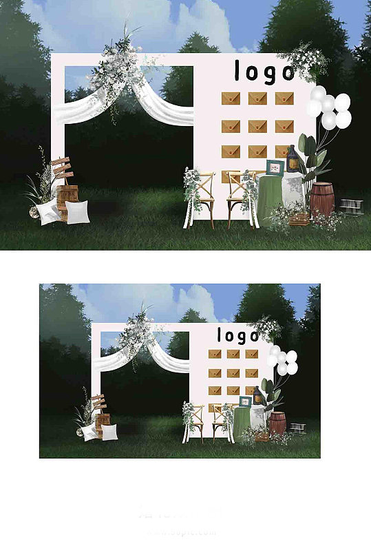 白色婚礼迎宾区签到墙纱幔吊顶效果图-众图网