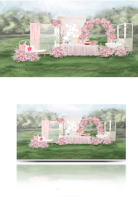 户外婚礼效果图粉色迎宾区甜品区拍照区-众图网