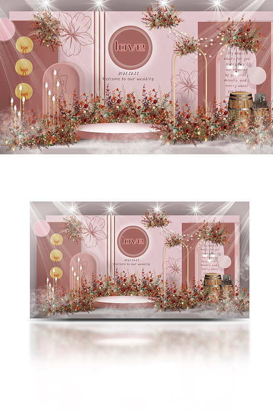 原创豆沙红婚礼迎宾区效果图-众图网