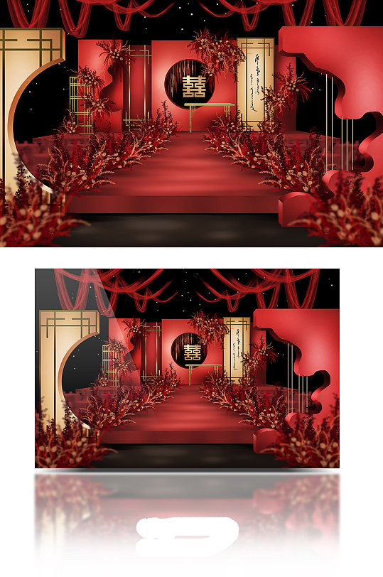 红金色简约小成本新中式中国风婚礼效果图-众图网