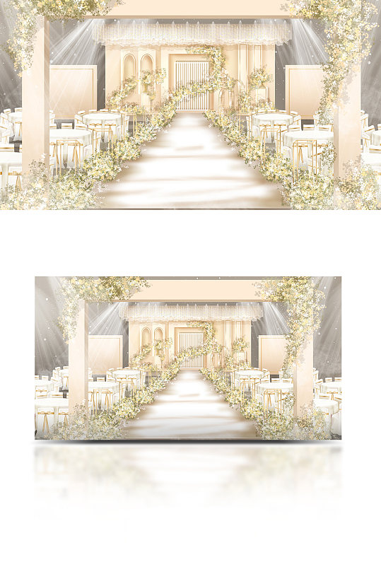 原创香槟色婚礼舞台效果图吊顶花艺T台通道-众图网