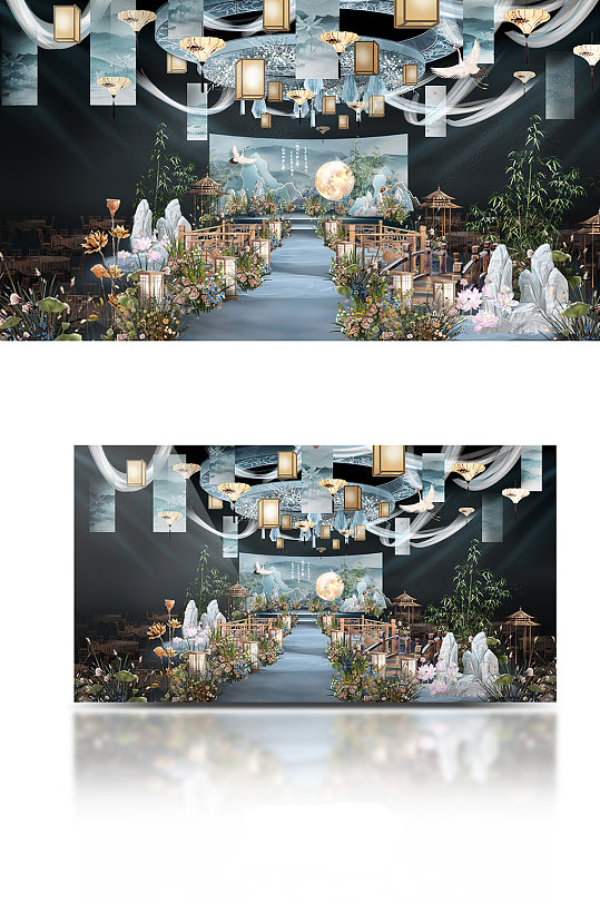 蓝色中式画卷婚礼效果图-众图网