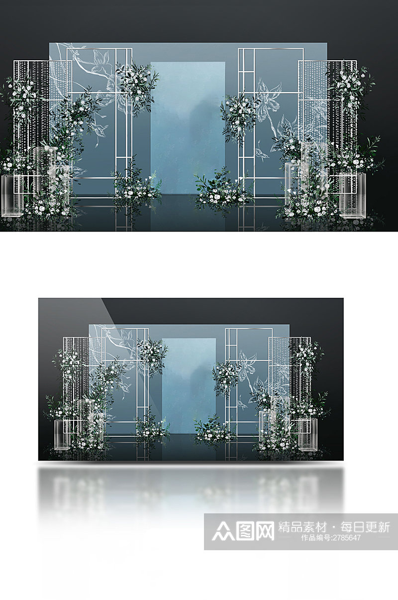 原创浅蓝色婚礼迎宾区透明铁艺背景效果图素材