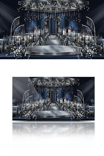 原创蓝色婚礼吊顶舞台区效果图玻璃舞台水晶