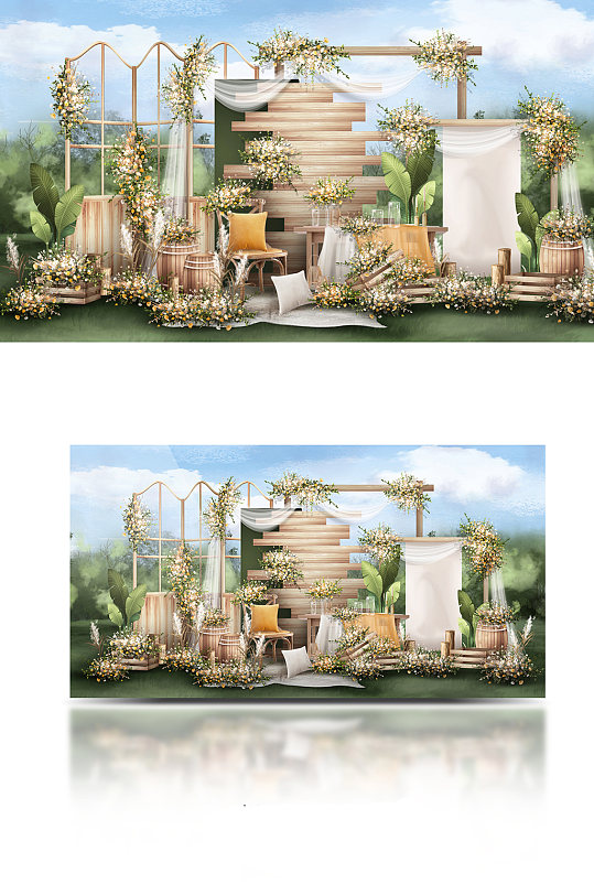 原创绿色婚礼迎宾合影区森系木门简约风-众图网