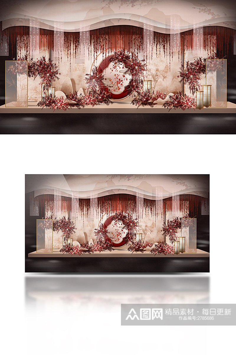新中式仪式区舞台红色香槟色素材