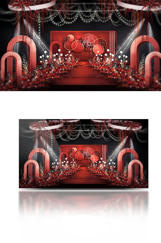 酒红色简约大气红白撞色婚礼效果图