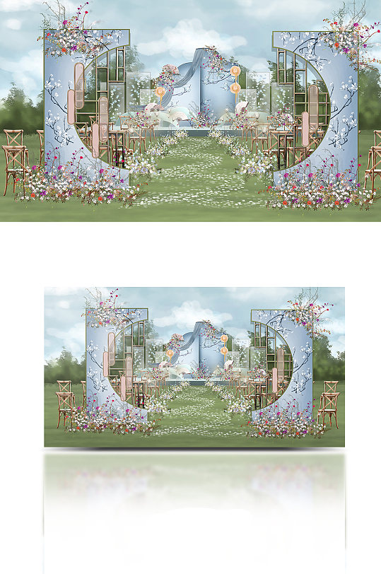 蓝色新中式户外婚礼效果图-众图网