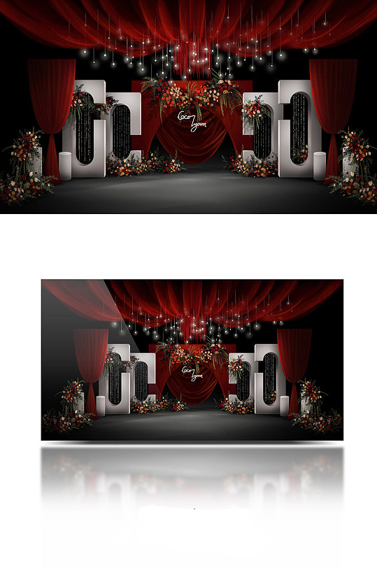 红白撞色小众复古欧式法式泰式婚礼效果图-众图网